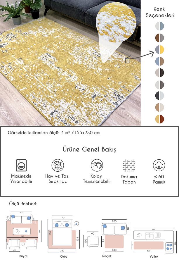 Moretti Side Sarı Gri Yıkanabilir Çift Taraflı Dokuma Modern Halı - 4