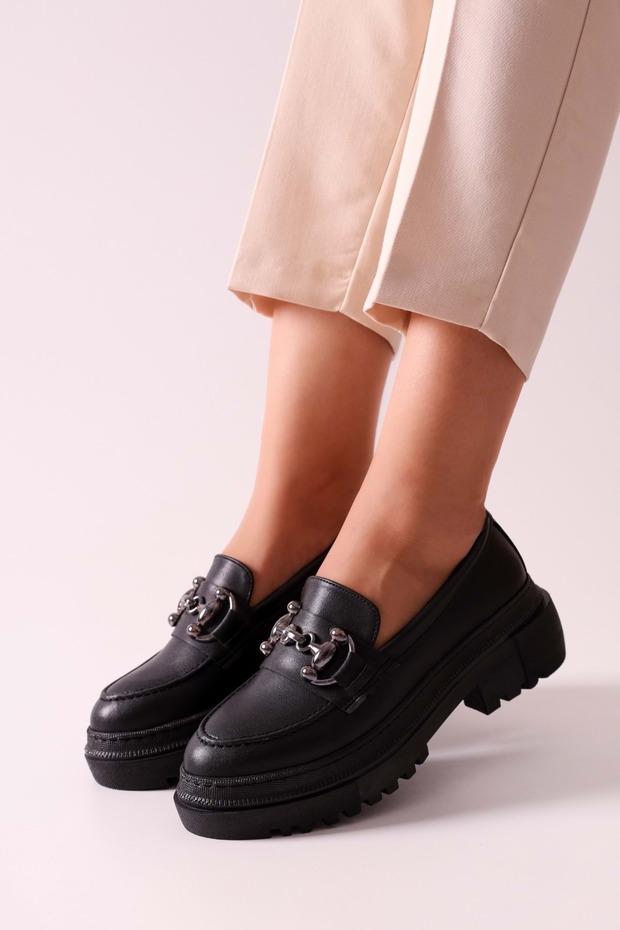 Női Rex fekete bőr vastag talpcsatos naplopó fekete bőr - 3