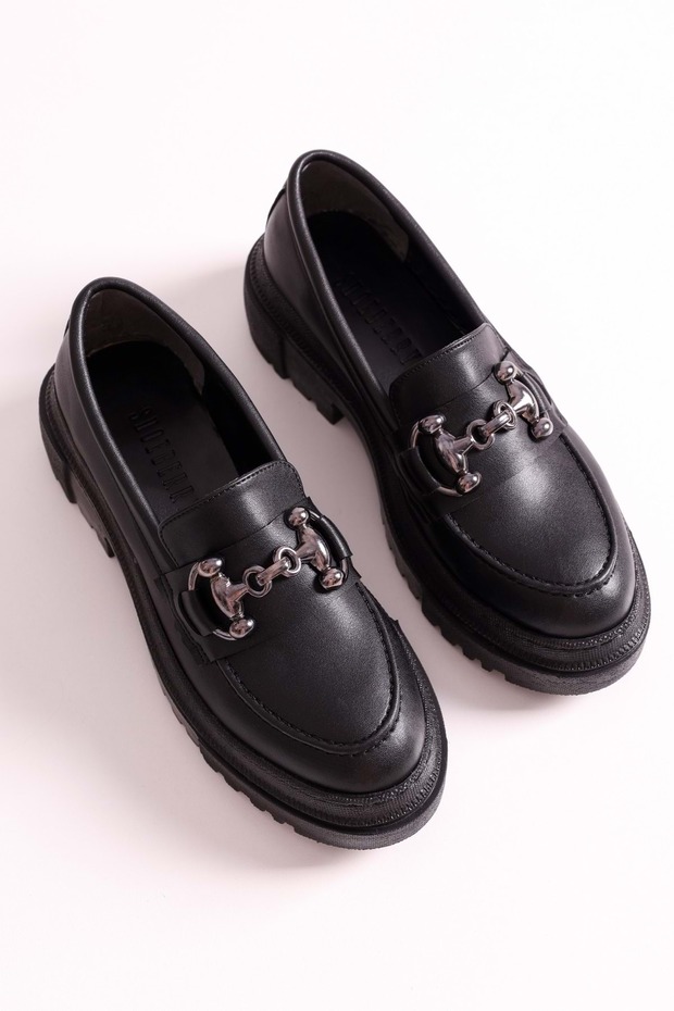 Női Rex fekete bőr vastag talpcsatos naplopó fekete bőr - 4