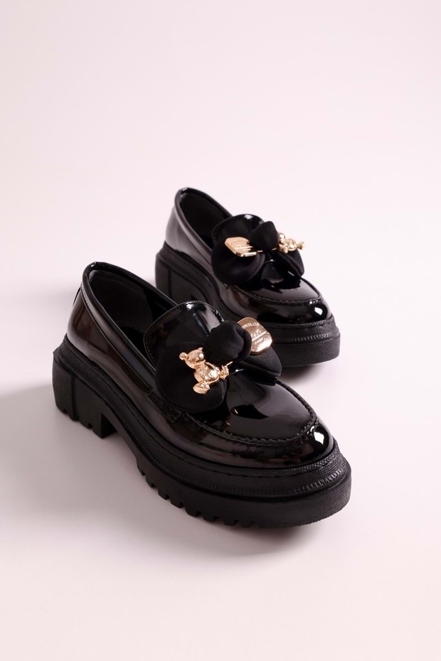 Női Astor fekete lakkbőr vastag talpú masnis naplopó fekete lakkbőr - 5