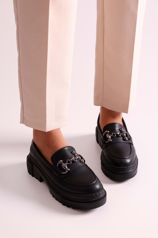 Női Rex fekete bőr vastag talpcsatos naplopó fekete bőr - 2