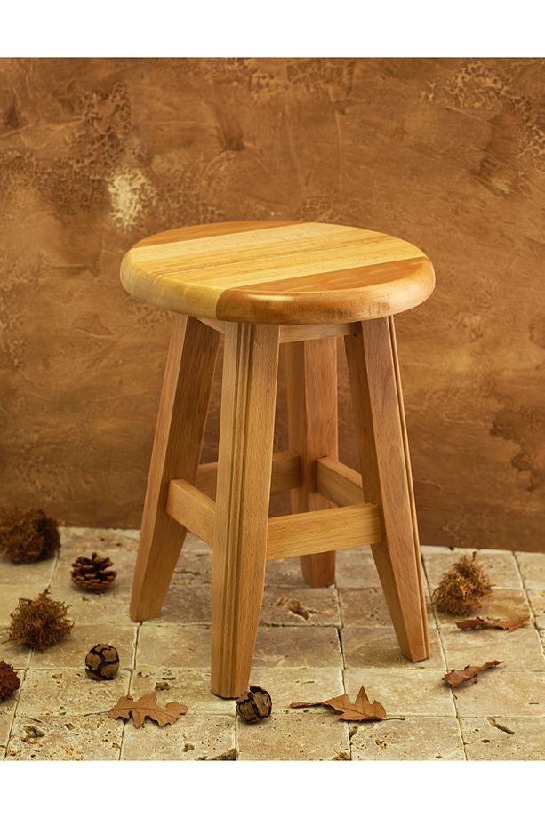Şık ve Dekoratif Ahşap Yüksek Yuvarlak Bar Taburesi 40 cm - 1