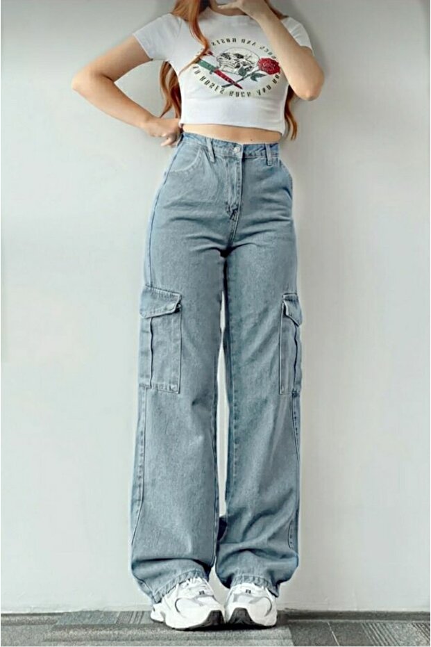 Women's Ice Snow Wash Cargo Pocket Extra High Waist Palazzo Jean Without Back Pocket