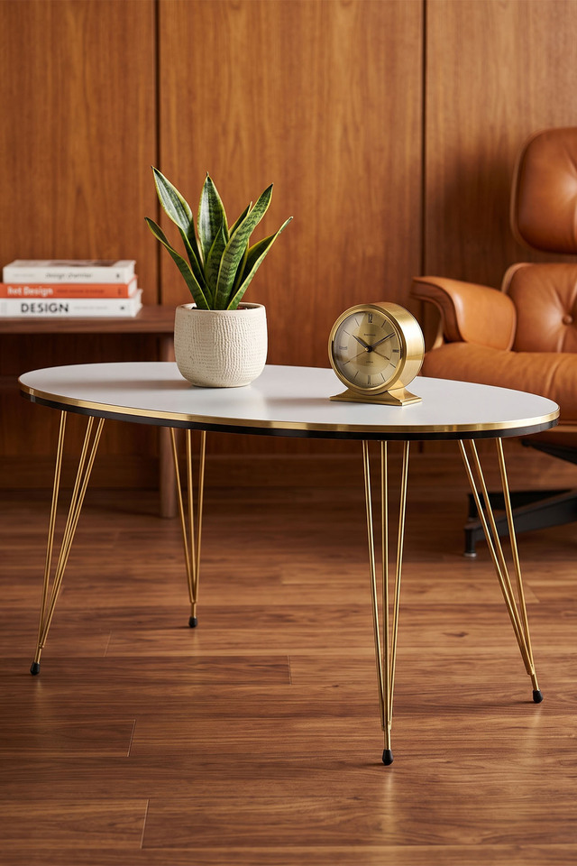 Oval Coffee Table Gold Wire Legs - White