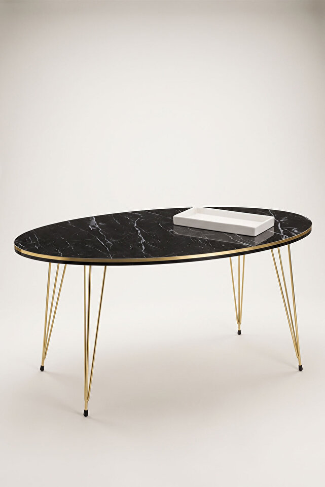 Oval Coffee Table Gold Wire Legs - Black Marble Effect