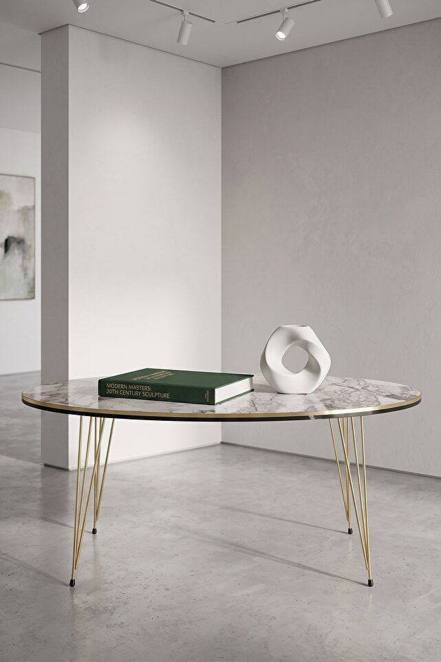 Oval Coffee Table Gold Wire Legs - White Marble Effect