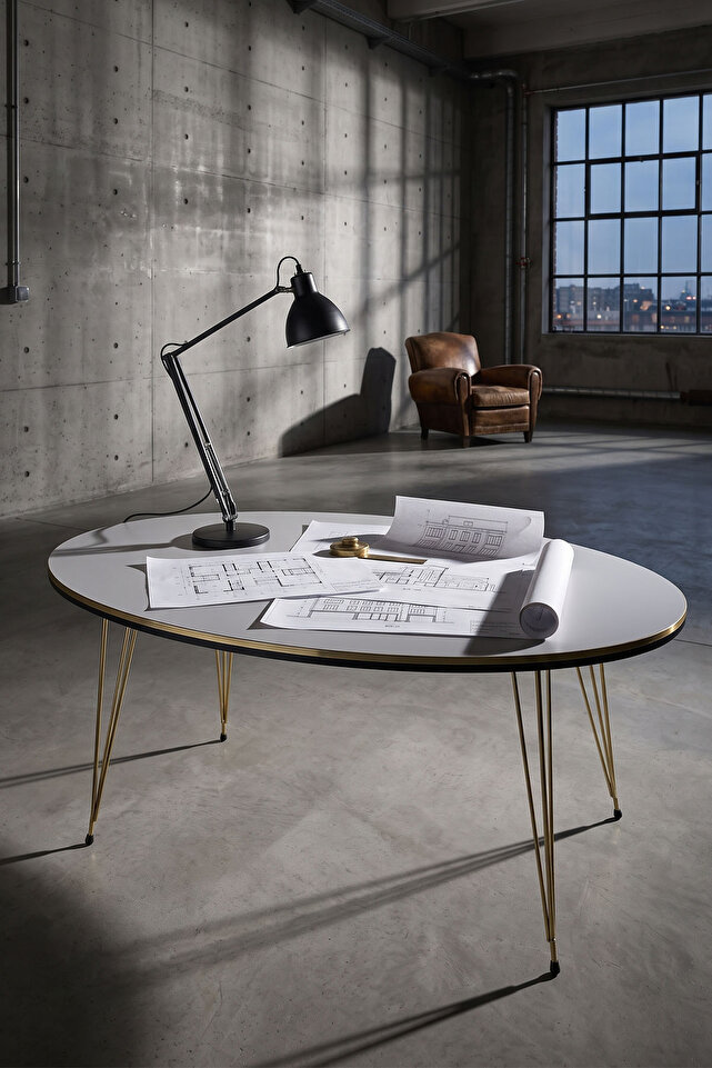 Oval Coffee Table Gold Wire Legs - White
