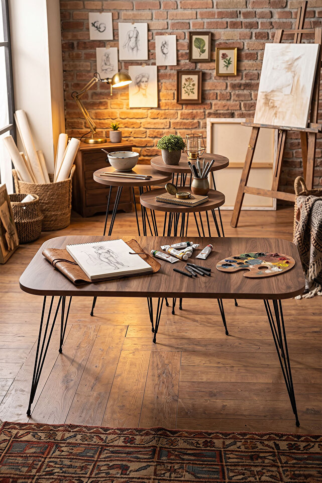Rectangular 4-Piece Table Set Wire Legs - Walnut