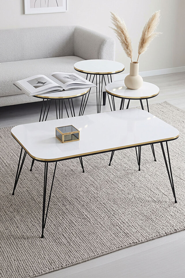Ensemble de tables rectangulaires 4 pièces à pieds filaires noirs - blanc