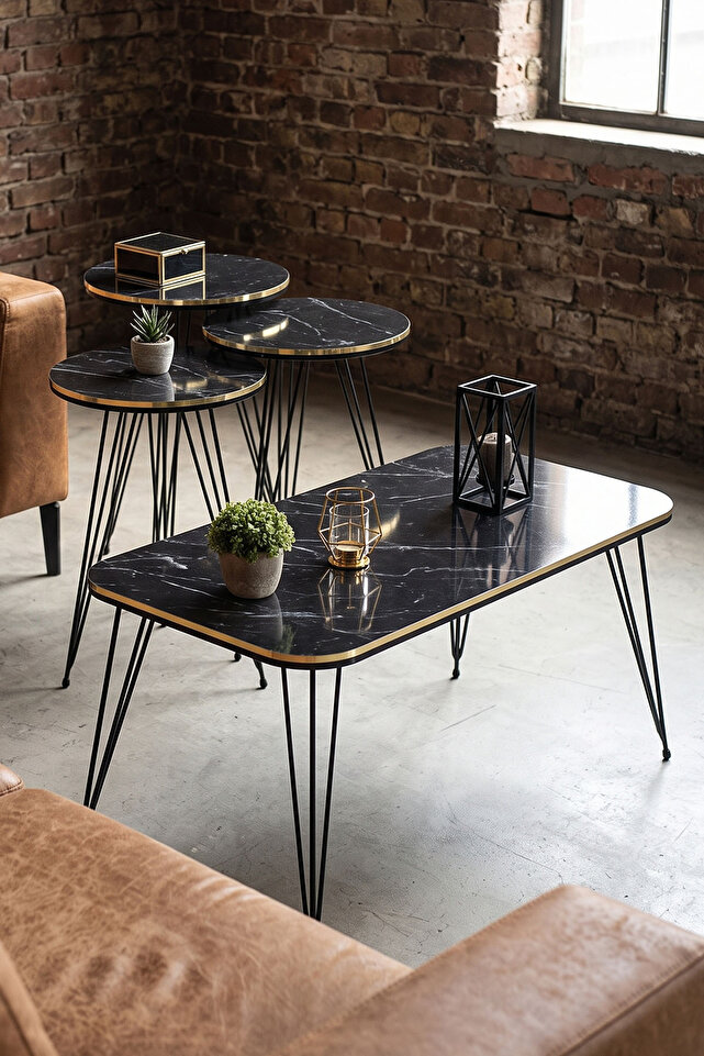 Set di tavolini a incastro rettangolari da 4 pezzi con gambe in filo metallico nero - effetto marmo nero