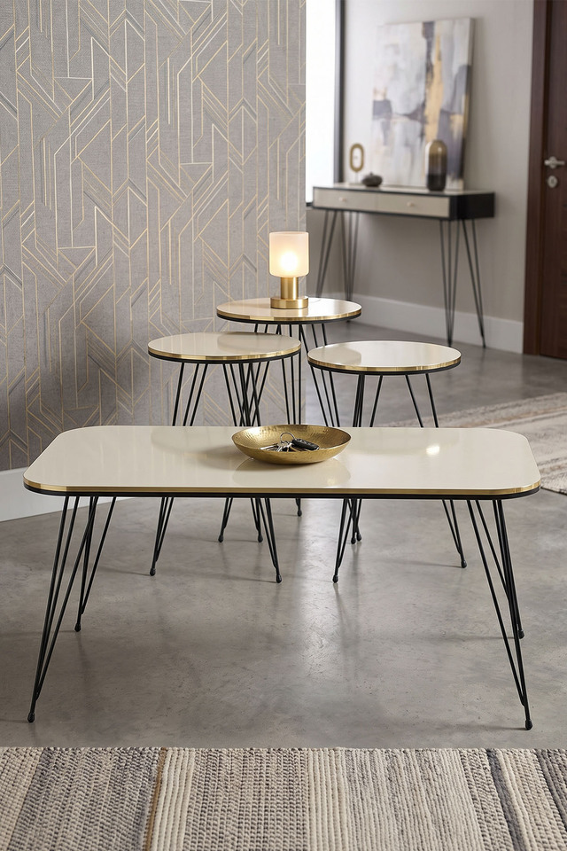 Rechteckiges 4-teiliges Satztisch-Set mit schwarzen Drahtbeinen - Creme