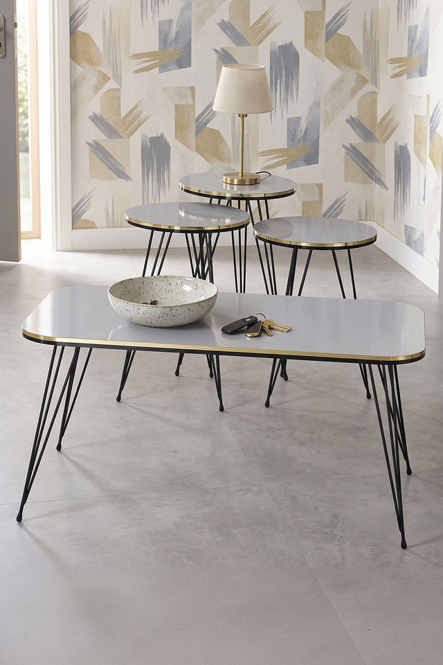 Ensemble de tables rectangulaires 4 pièces à pieds filaires noirs - blanc