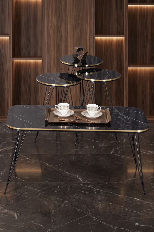 Set di tavolini a incastro rettangolari da 4 pezzi con gambe in filo metallico nero - effetto marmo nero