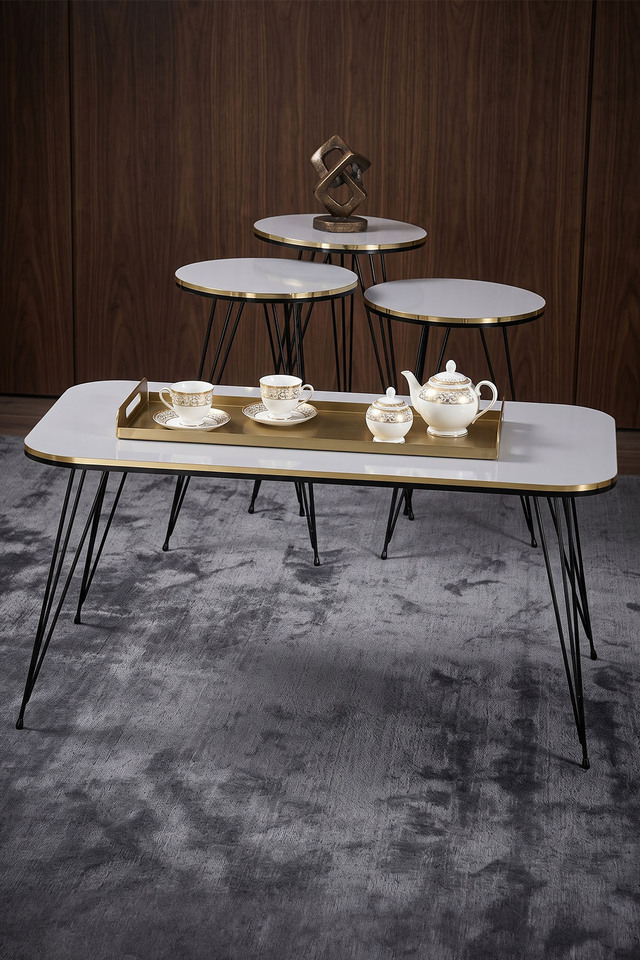 Ensemble de tables rectangulaires 4 pièces à pieds filaires noirs - blanc