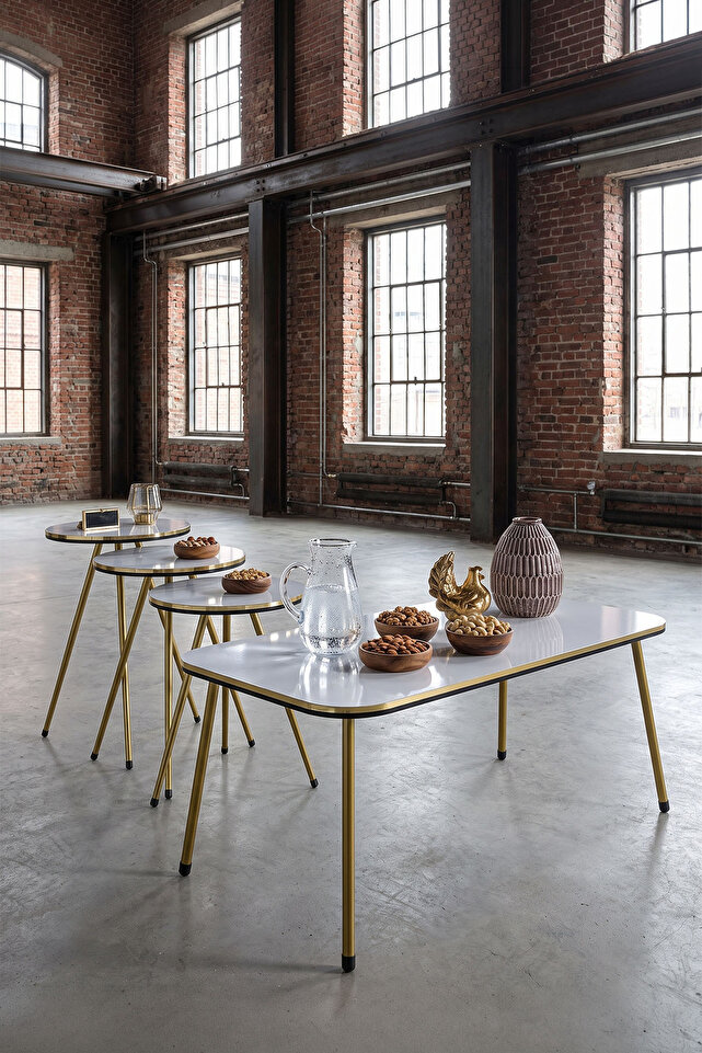 Rectangular Coffee & Nesting Table Set Gold Metal Legs - White Marble Effect