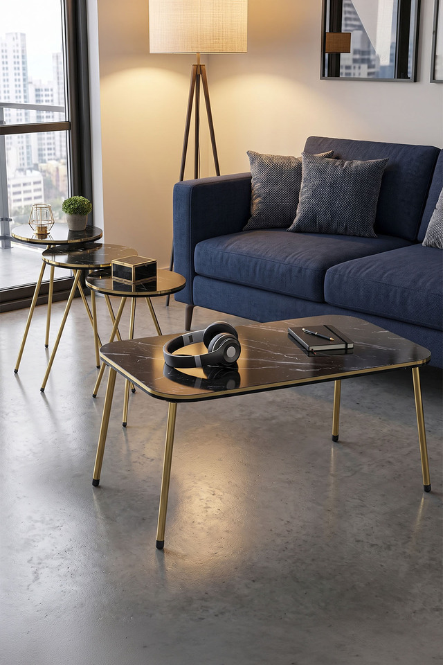 Round Coffee & Nesting Table Set Gold Metal Legs - Black Marble Effect