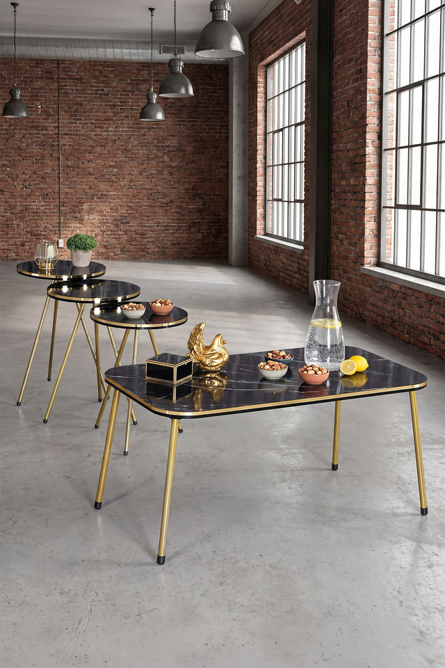 Round Coffee & Nesting Table Set Gold Metal Legs - Black Marble Effect
