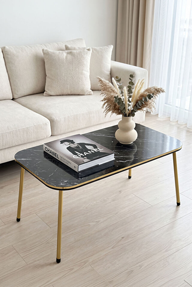 Round Coffee & Nesting Table Set Gold Metal Legs - Black Marble Effect