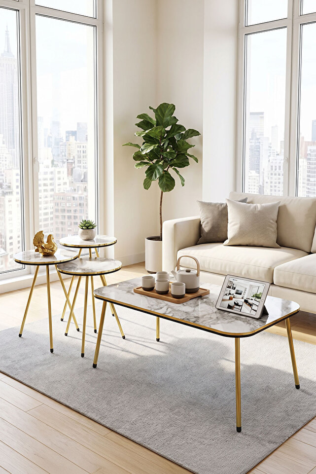 Round Coffee & Nesting Table Set Gold Metal Legs - White Marble Effect