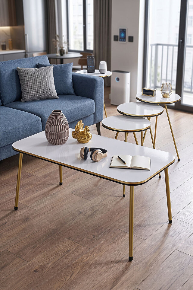 Rectangular Coffee & Nesting Table Set Gold Metal Legs - White Marble Effect