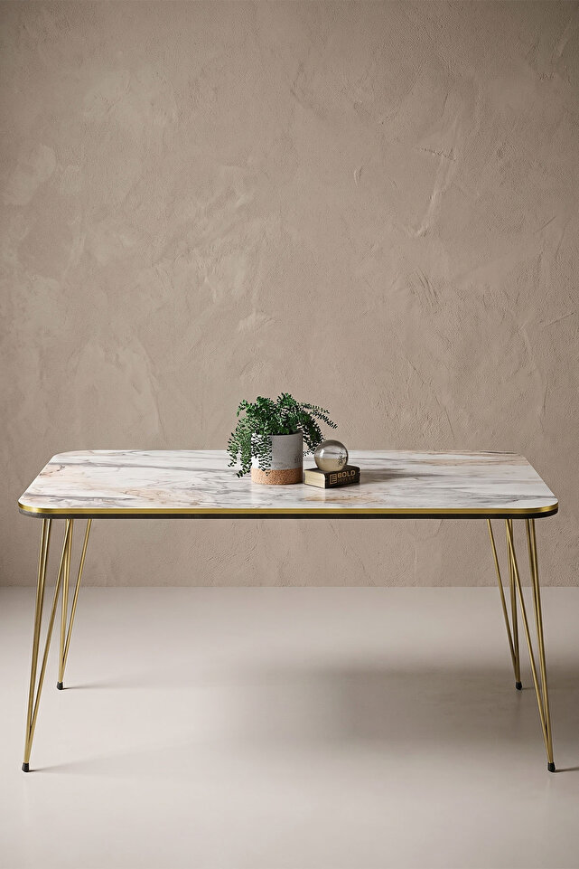 Rectangular Coffee Table Gold Wire Legs - White