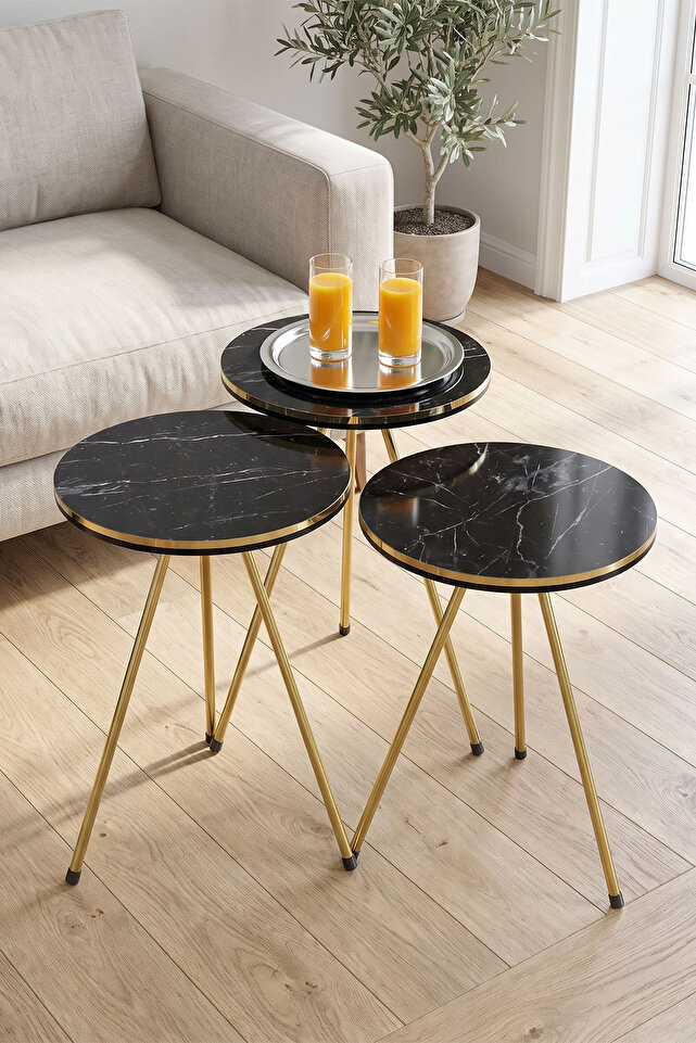 Round Coffee & Nesting Table Set Gold Metal Legs - Black Marble Effect