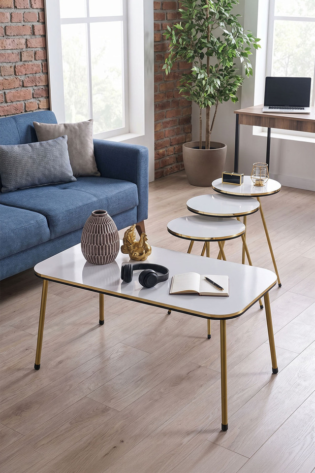 Rectangular Coffee & Nesting Table Set Gold Metal Legs - White Marble Effect