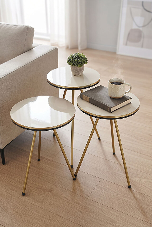 Round Coffee & Nesting Table Set Gold Metal Legs - Cream