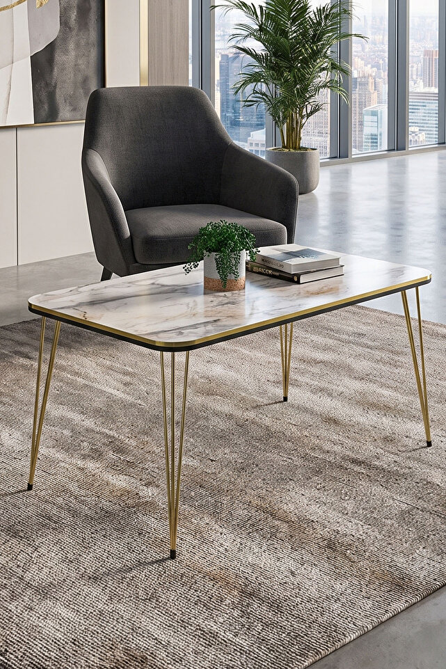 Rectangular Coffee Table Gold Wire Legs - White