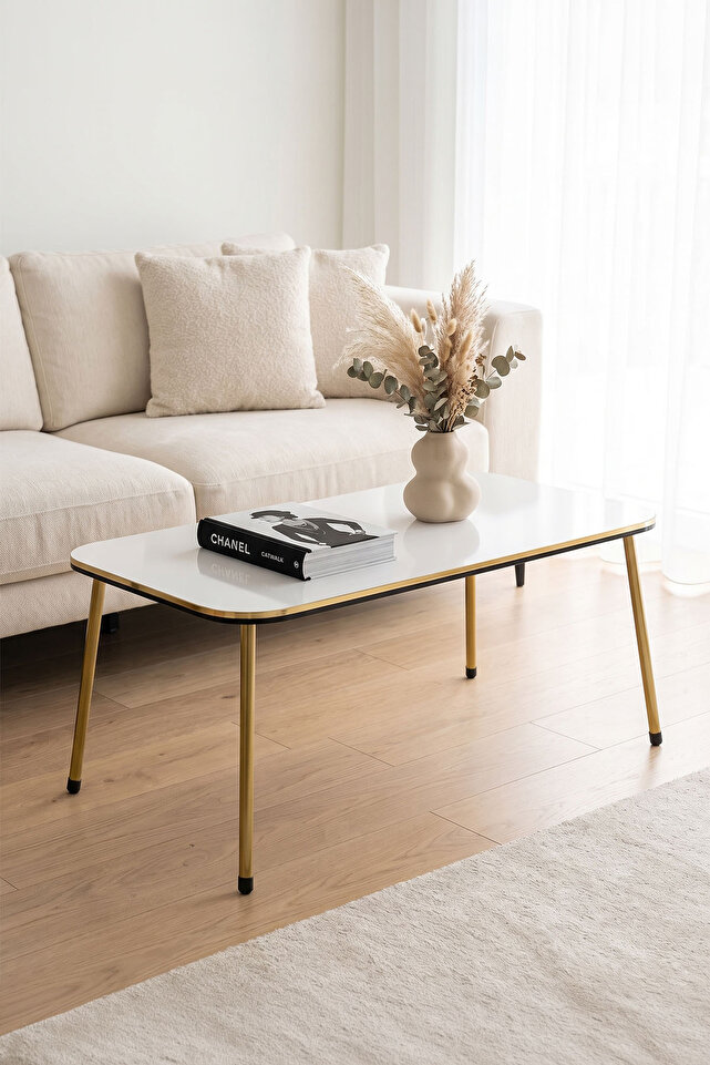 Rectangular Coffee & Nesting Table Set Gold Metal Legs - White Marble Effect