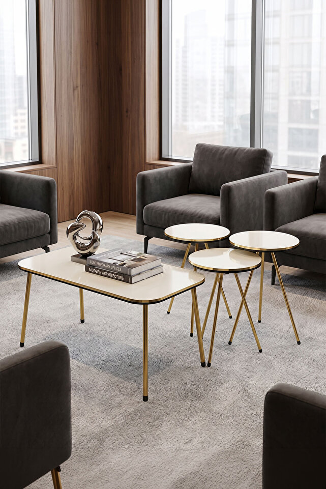 Round Coffee & Nesting Table Set Gold Metal Legs - Cream