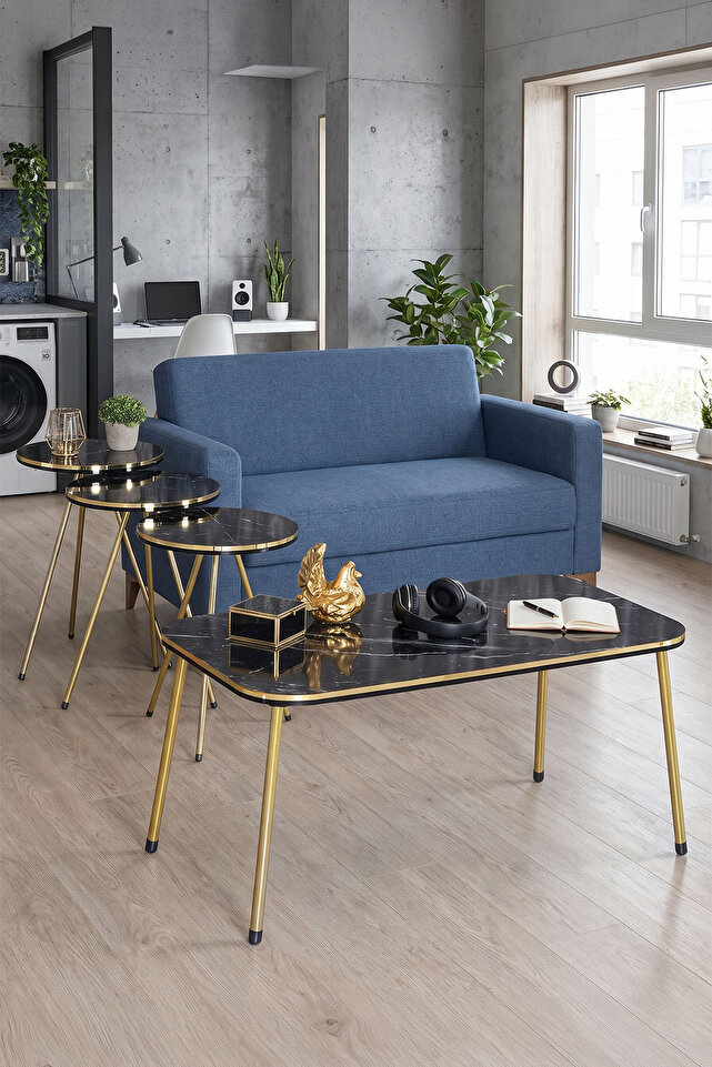 Round Coffee & Nesting Table Set Gold Metal Legs - Black Marble Effect