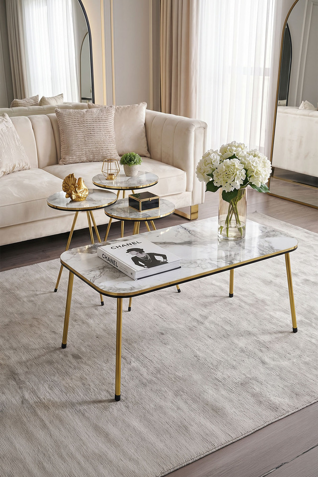 Round Coffee & Nesting Table Set Gold Metal Legs - White Marble Effect