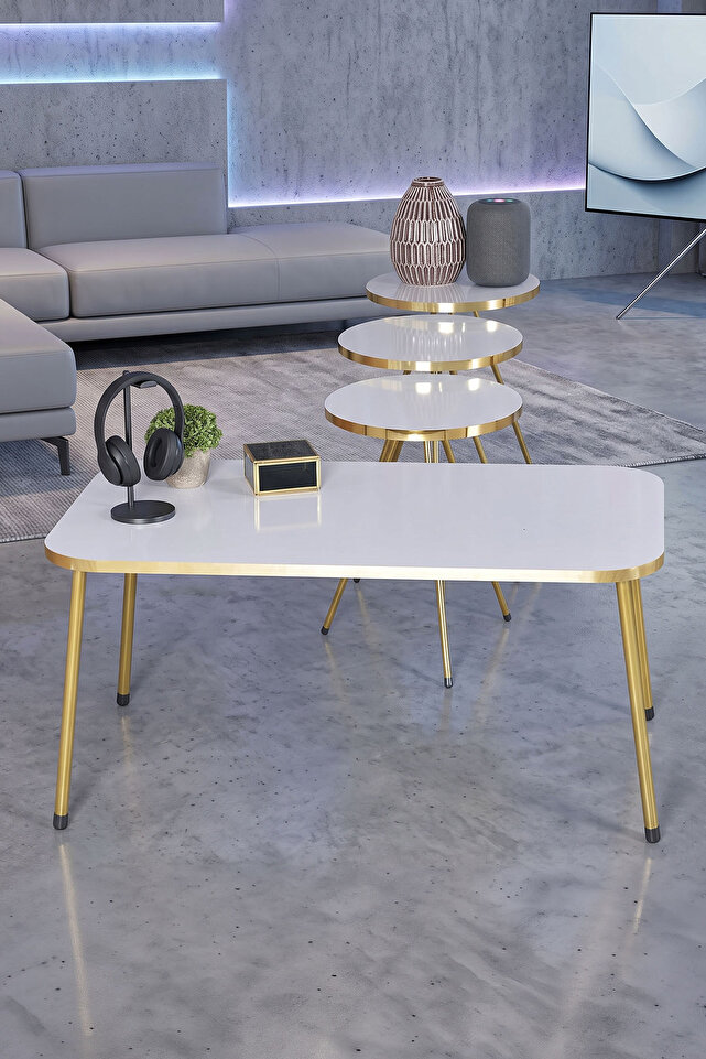 Rectangular Coffee & Nesting Table Set Gold Metal Legs - White