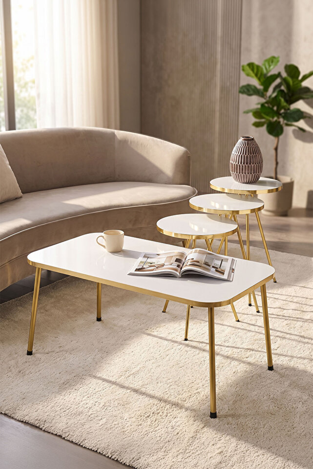 Rectangular Coffee & Nesting Table Set Gold Metal Legs - White