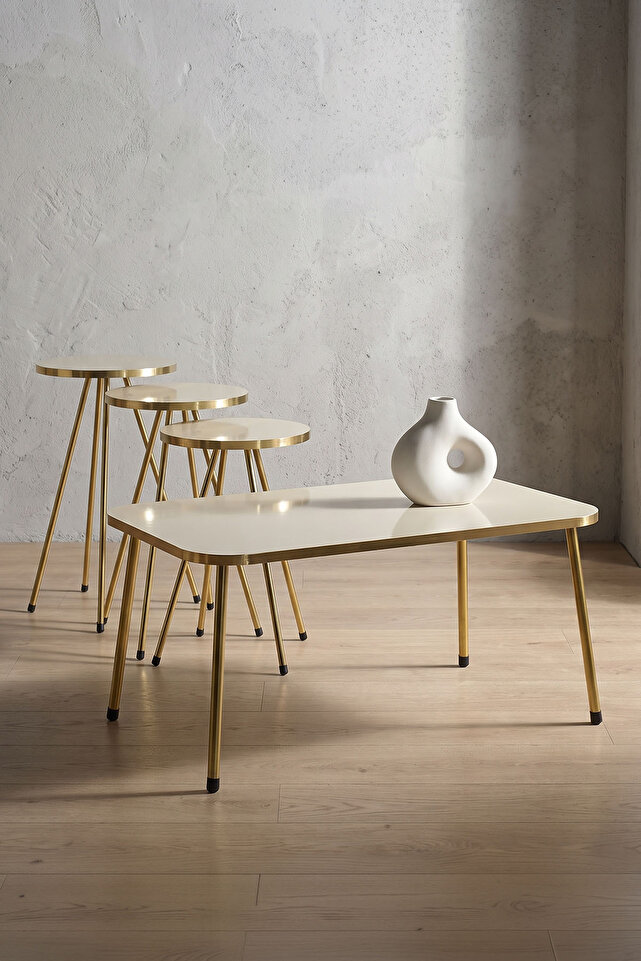 Rectangular Coffee & Nesting Table Set Gold Metal Legs - Cream