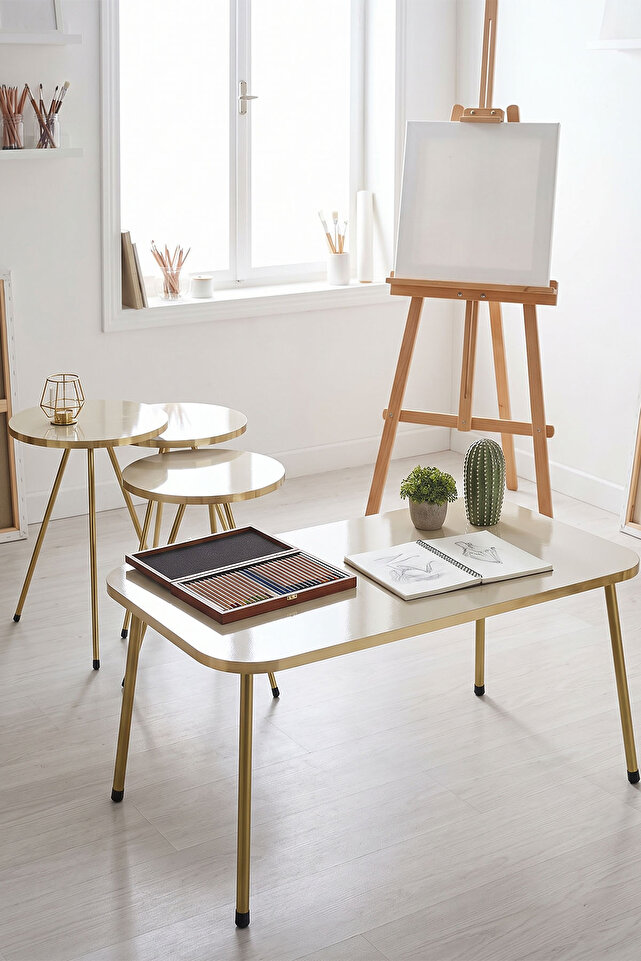 Rectangular Coffee & Nesting Table Set Gold Metal Legs - Cream