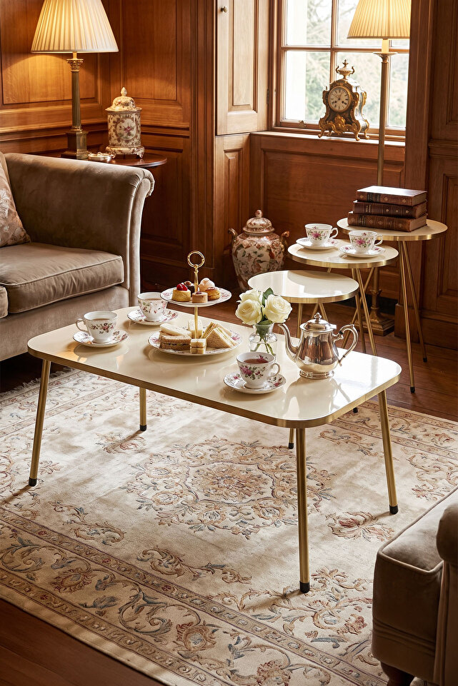 Rectangular Coffee & Nesting Table Set Gold Metal Legs - Cream