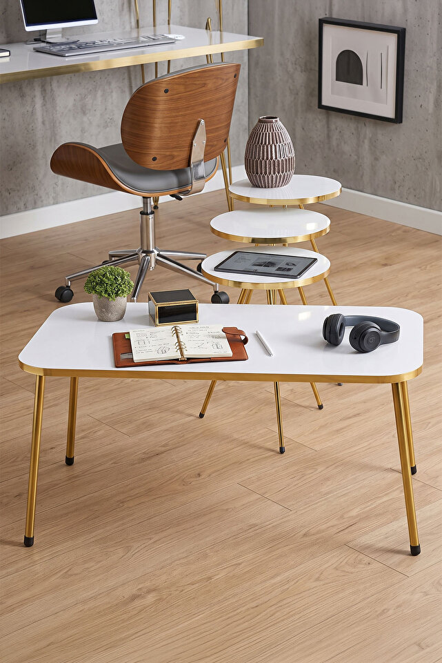 Rectangular Coffee & Nesting Table Set Gold Metal Legs - White