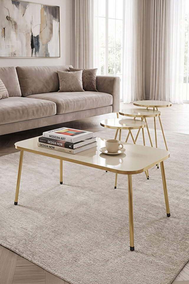 Rectangular Coffee & Nesting Table Set Gold Metal Legs - Cream