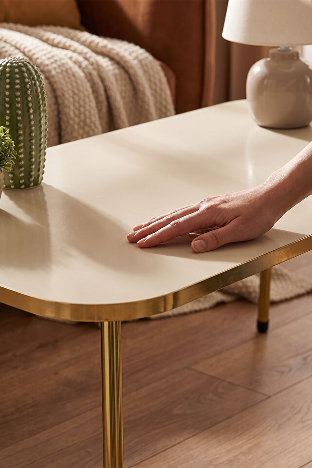 Rectangular Coffee & Nesting Table Set Gold Metal Legs - Cream