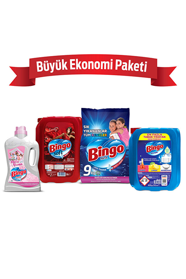 Bingo Büyük Ekonomi Paketi 9 Kg Toz Çamaşır Deterjanı + 5 L Lovely Yumuşatıcı