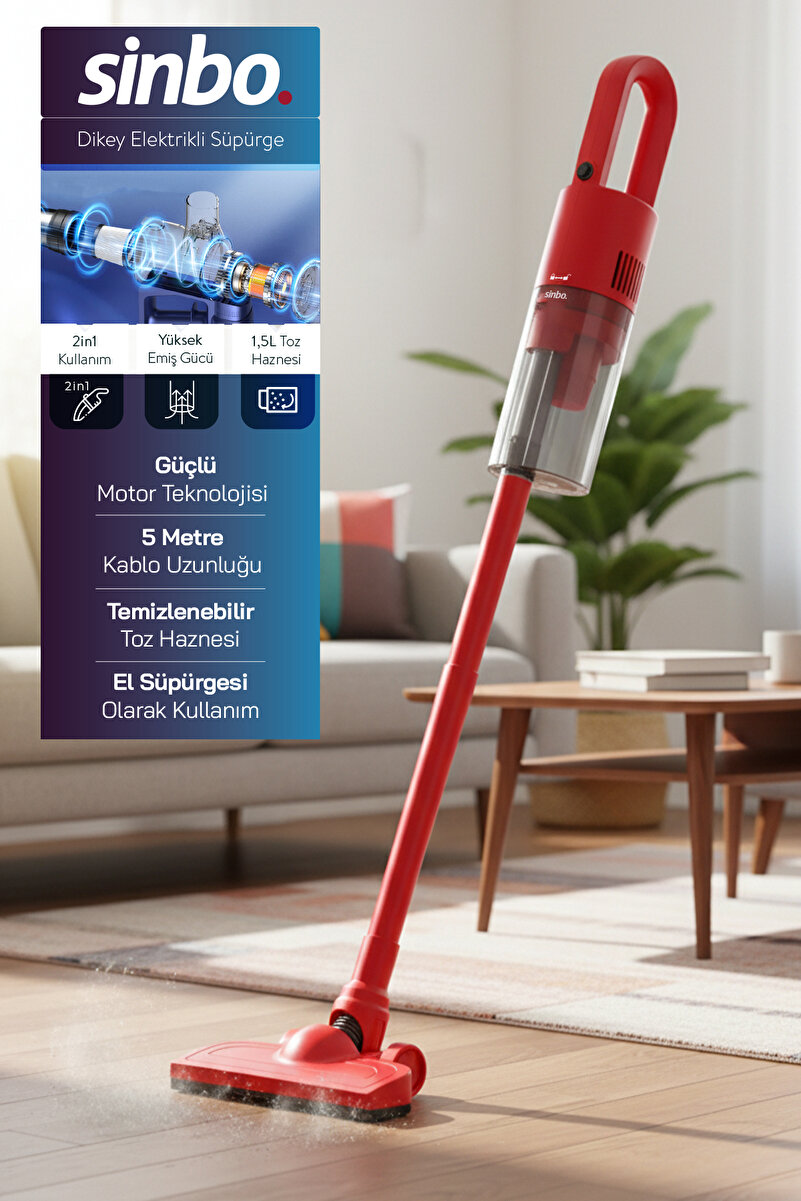 Sinbo SVC-8616 500W Dikey Elektrikli Süpürge – Kırmızı, Yüksek Emiş Gücü