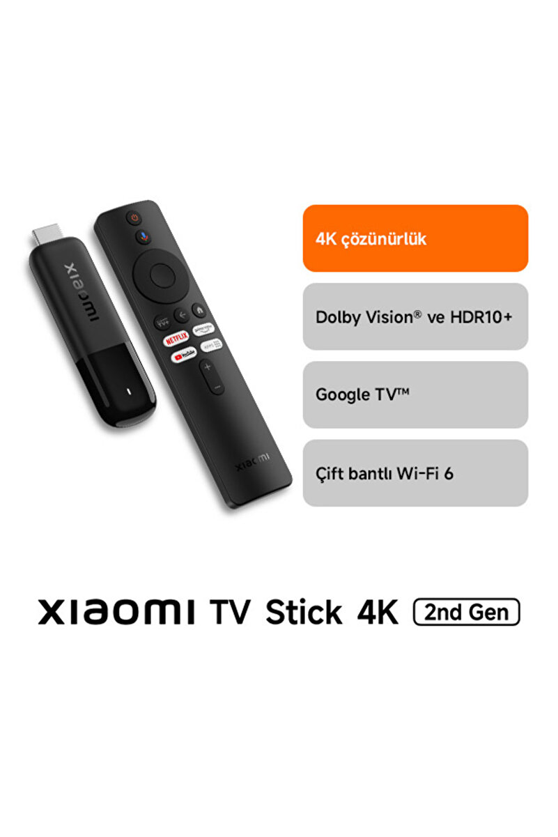 Xiaomi TV Stick 4K 2nd Gen Android Medya Oynatıcı 2. Nesil Dolby Vision & HDR10+ (Xiaomi Türkiye Garantili)