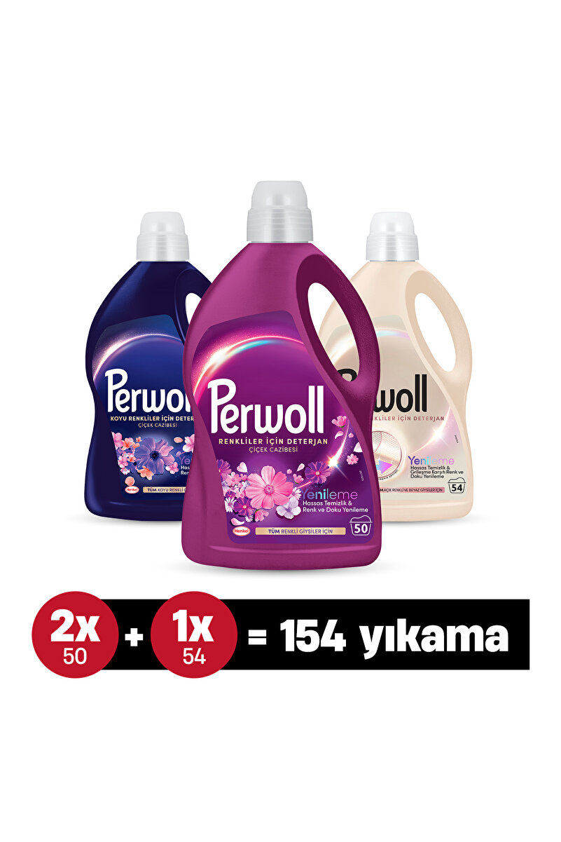 Perwoll Sıvı Çamaşır Deterjanı 3'lü set :Açık Renk 2.97L X1 , Çiçek Cazibesi 2.75L X1, Koyu Renkler 2.75L X1