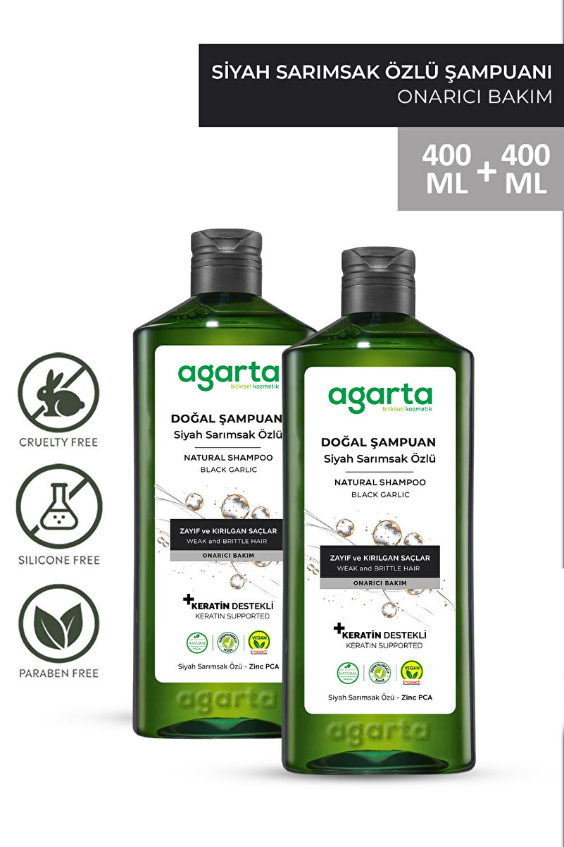 Agarta 2 Adet Doğal Siyah Sarımsaklı Şampuan Saç Dökülmesine Karşı 400 ml