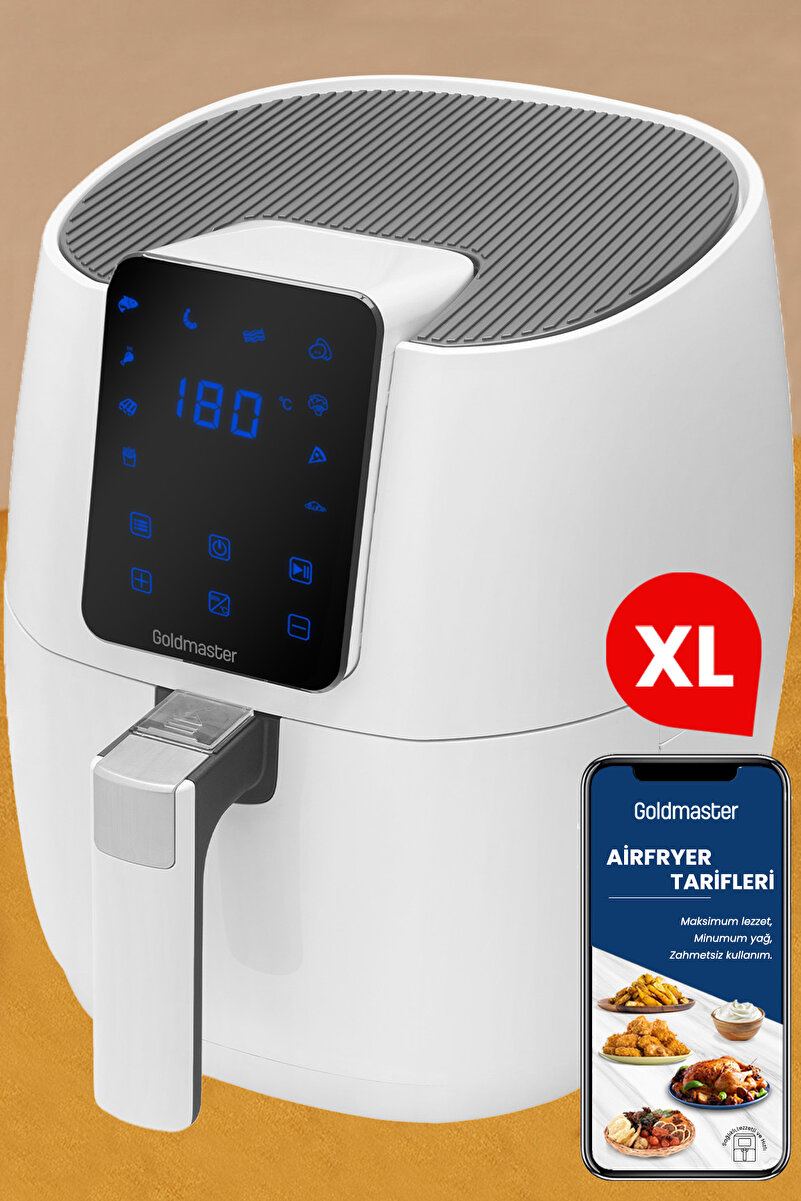 GOLDMASTER Beyaz Dokunmatik 10 Ön Ayarlı Geniş Hazneli XL Yağsız Kızartma Airfryer Sıcak Hava Fritözü