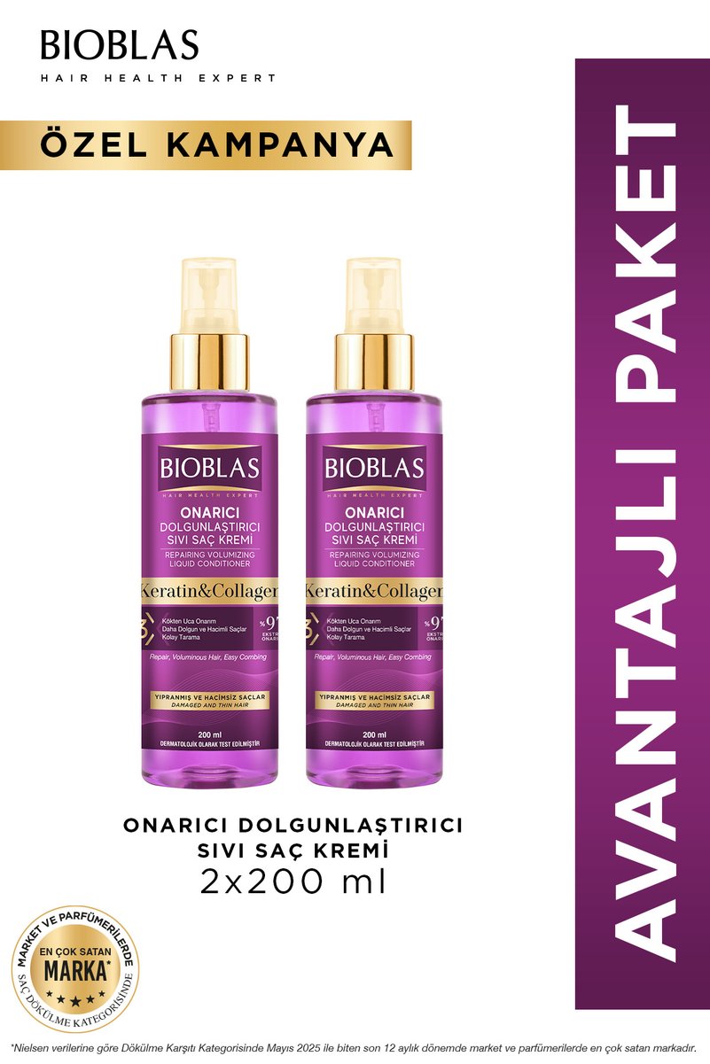Bioblas Keratin Kolajen Sıvı Saç Kremi 2 x 200 Ml - Onarıcı, Dolgunlaştırıcı, Kolay Tarama