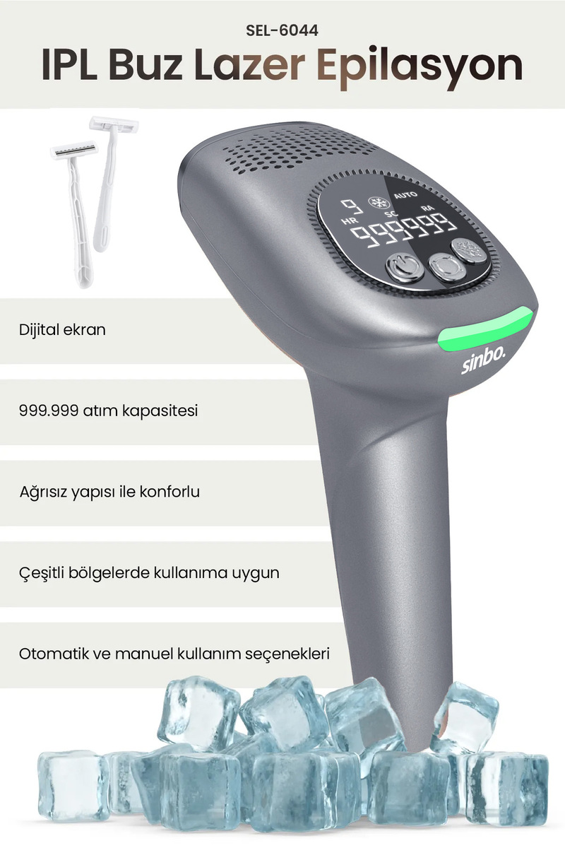 Sinbo SEL-6044 IPL Buz Lazer Epilasyon 999.999 Atım Otomatik/Manuel Dijital Ekran