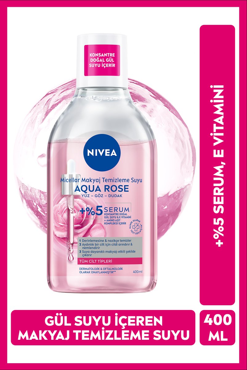 NIVEA Aqua Rose Gül Suyu İçeren Çift Fazlı Micellar Makyaj Temizleme Suyu 400ml,Yüz Göz Dudak, Aydınlatıcı